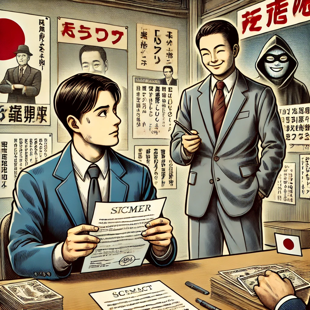 フィリピンで詐欺に遭う日本人の3つの共通点とは?リスクを徹底解説! 1 DALL·E 2024 08 17 18.18.29 An image depicting a Japanese person being deceived in a suspicious office or transaction setting. The background includes an office with posters disp