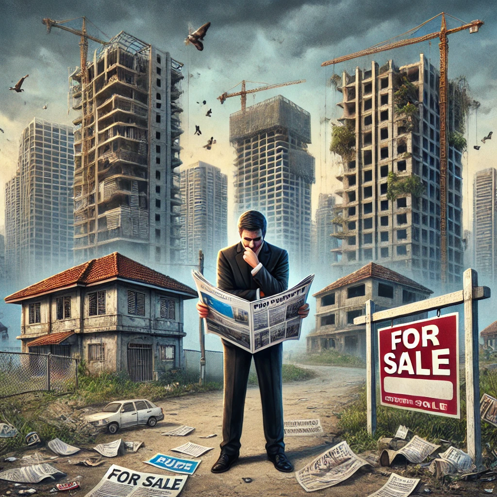 DALL·E 2024 08 17 18.35.39 An image representing the negative aspects of real estate investment in the Philippines. The background shows an urban area with real estate propertie