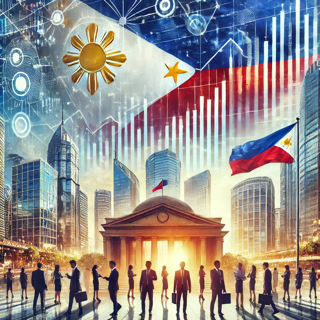 フィリピン株で絶対に押さえておくべきおすすめ上場企業10選 1 DALL·E 2024 08 16 16.08.36 An image representing publicly traded companies in the Philippines. The image should feature a dynamic cityscape of Manila with iconic buildings like