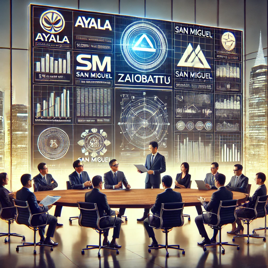 DALL·E 2024 08 16 16.23.47 A more corporate themed image representing the conglomerates or zaibatsu in the Philippines. The image should feature a modern sleek office environ