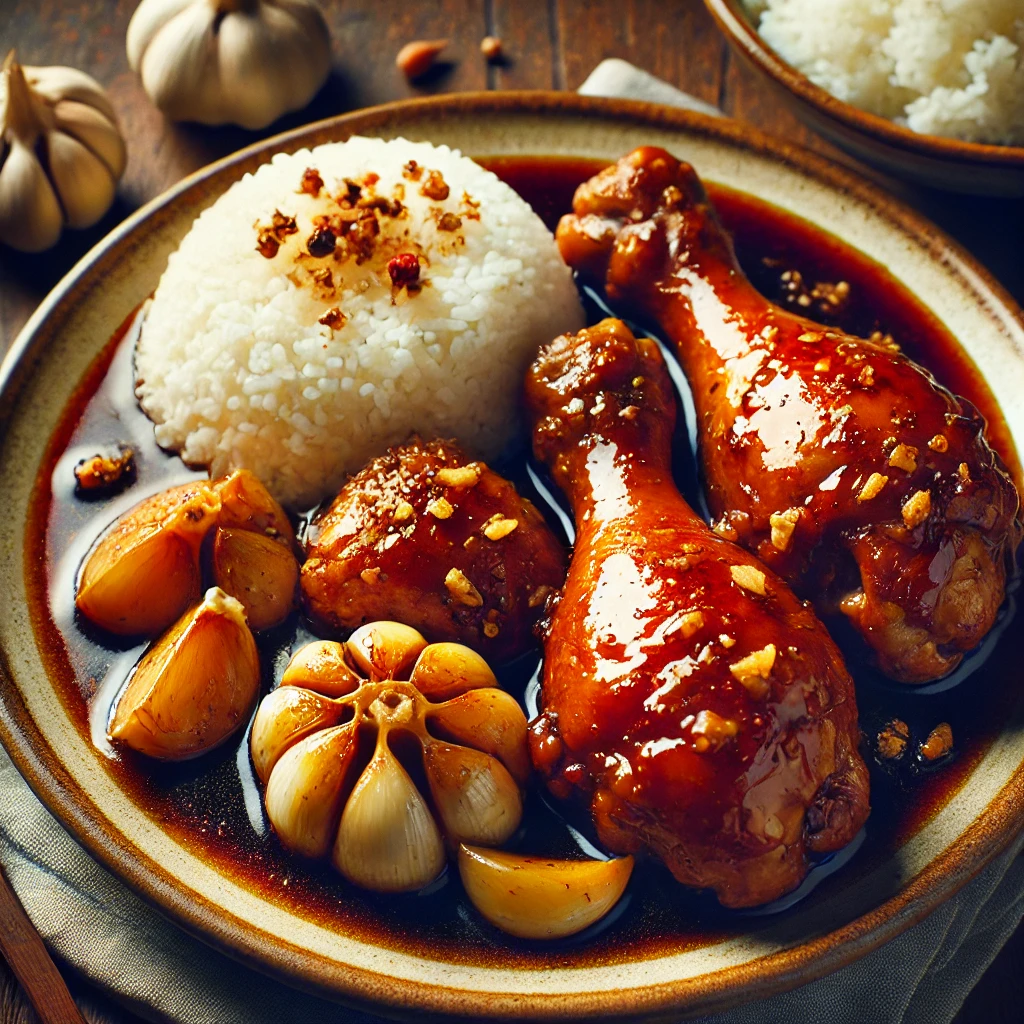 DALL·E 2024 08 17 11.03.38 A plate of traditional Filipino Chicken Adobo featuring drumsticks as the main focus cooked in soy sauce and vinegar. The chicken is glazed and serv