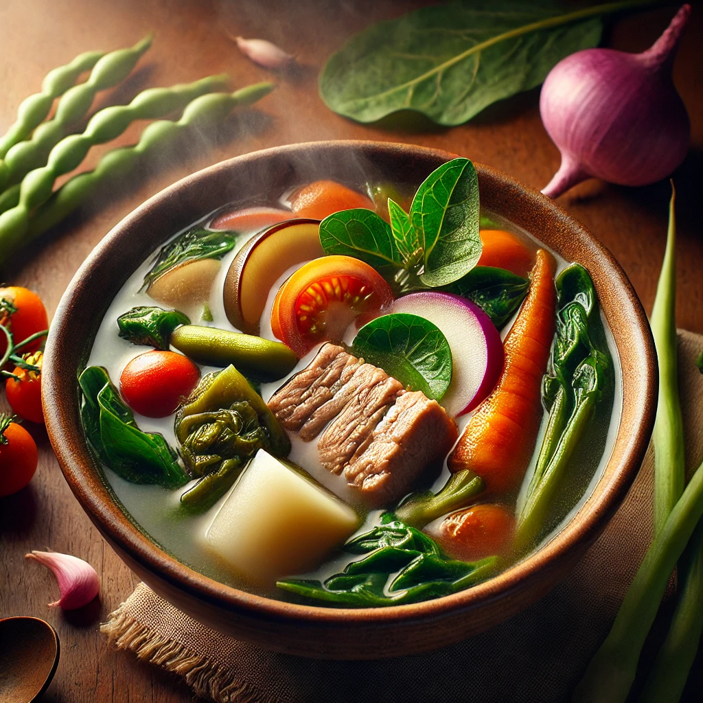 DALL·E 2024 08 17 11.03.52 A bowl of traditional Filipino Sinigang na Baboy a sour tamarind based soup with tender chunks of pork. The soup is clear steaming and filled with