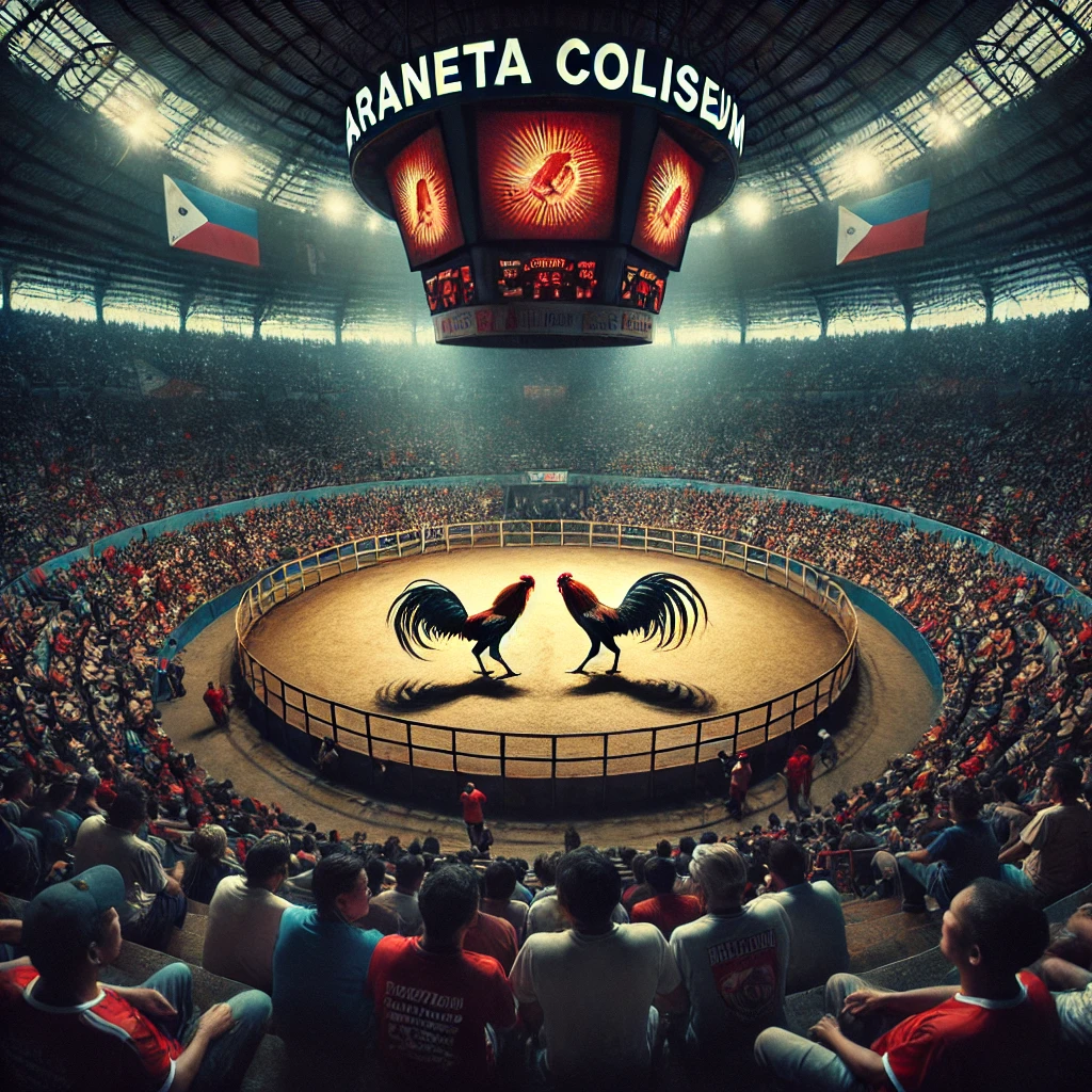 DALL·E 2024 08 17 11.42.06 An image of the Araneta Coliseum cockfighting arena in Manila. The central arena features a circular ring where two roosters are poised to fight thei
