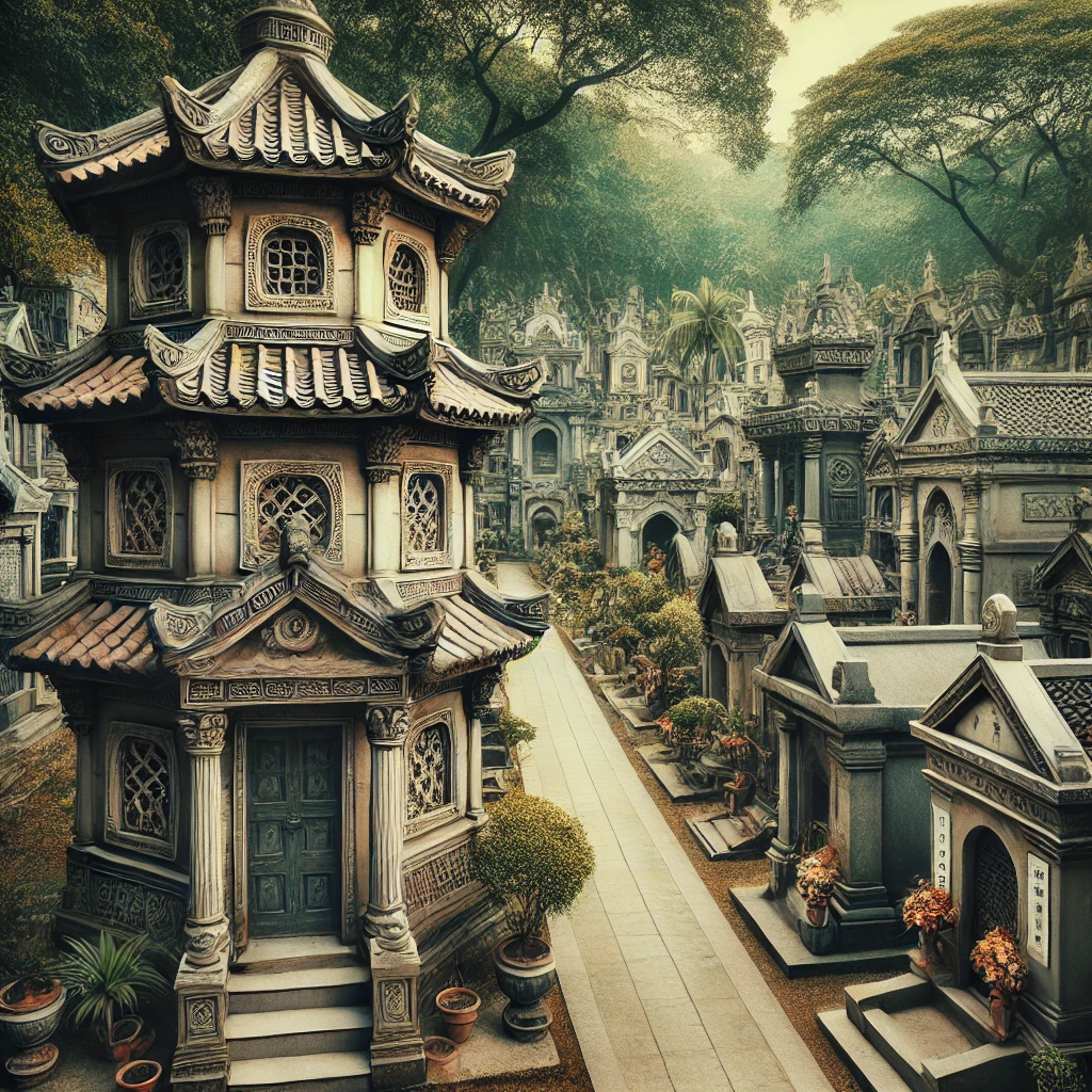 DALL·E 2024 08 17 11.42.12 An image of the Manila Chinese Cemetery located in the Santa Cruz district. The cemetery features grand mausoleums resembling small houses with intri