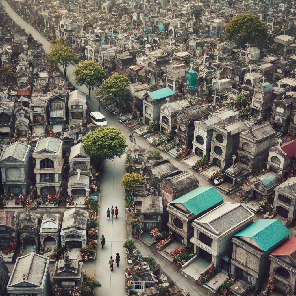 DALL·E 2024 08 17 11.42.15 An image of Manila North Cemetery the largest cemetery in the Philippines. The cemetery features vast grounds with numerous tombstones and mausoleums