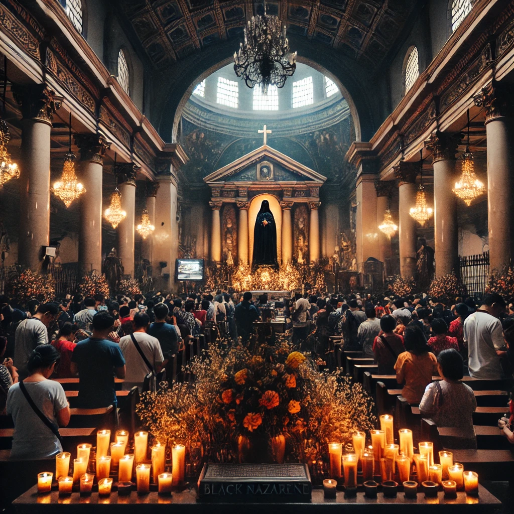 DALL·E 2024 08 17 11.42.18 An image of Quiapo Church in Manila home to the famous Black Nazarene. The church is bustling with activity as devotees gather to pray and light cand