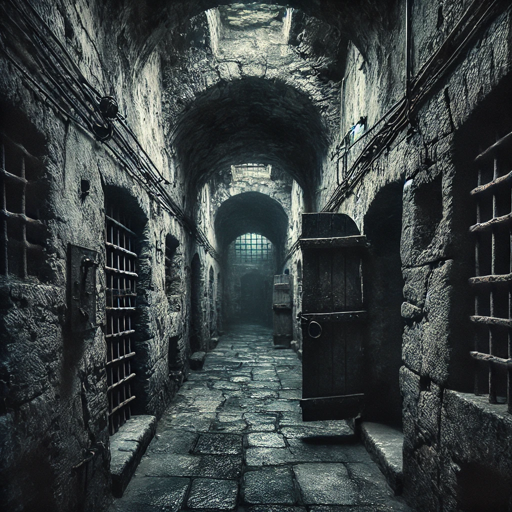 DALL·E 2024 08 17 11.42.21 An image of the dungeons in Fort Santiago located in the Intramuros district of Manila. The dungeon is dark and foreboding with narrow passageways a