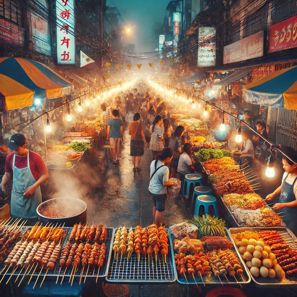 DALL·E 2024 08 17 11.42.23 An image of a vibrant street food tour in the Malate district of Manila. The street is bustling with activity lined with colorful stalls offering a v