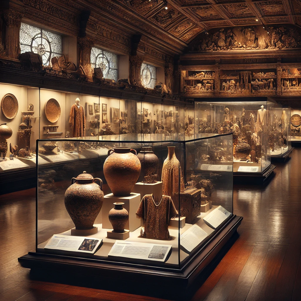 DALL·E 2024 08 17 11.42.25 An image of the antique section in the National Museum of the Philippines. The room is filled with historical artifacts including ancient pottery tr