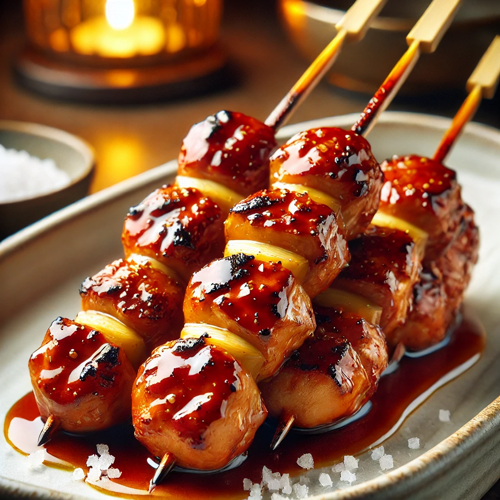 DALL·E 2024 08 17 12.49.31 A beautifully presented plate of yakitori featuring two skewers of juicy glossy chicken thigh. The chicken is perfectly grilled with a rich glaze o