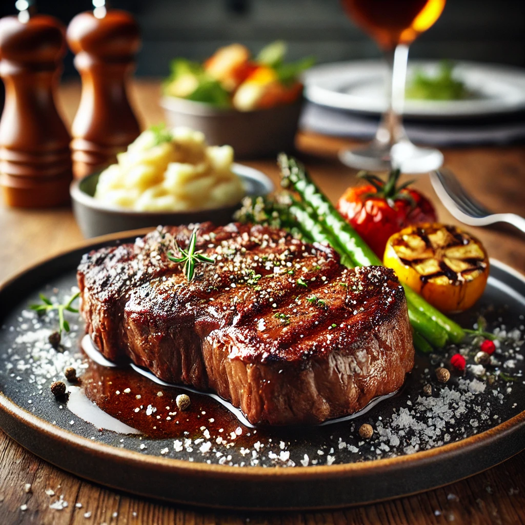 DALL·E 2024 08 17 12.49.36 A beautifully plated juicy steak cooked to medium rare perfection. The steak is tender with rich juices seeping out seasoned simply with salt and pep