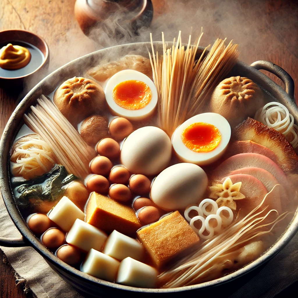 DALL·E 2024 08 17 12.49.38 An image of a traditional Japanese hot pot filled with various oden ingredients. The pot includes daikon radish boiled eggs konjac chikuwa shirata