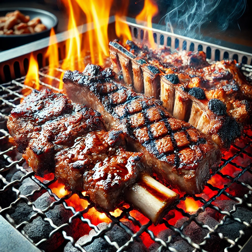 DALL·E 2024 08 17 13.19.18 An image of juicy meat grilling over a charcoal fire. Thick cuts of steak and kalbi short ribs are sizzling on the metal grate with a perfect char