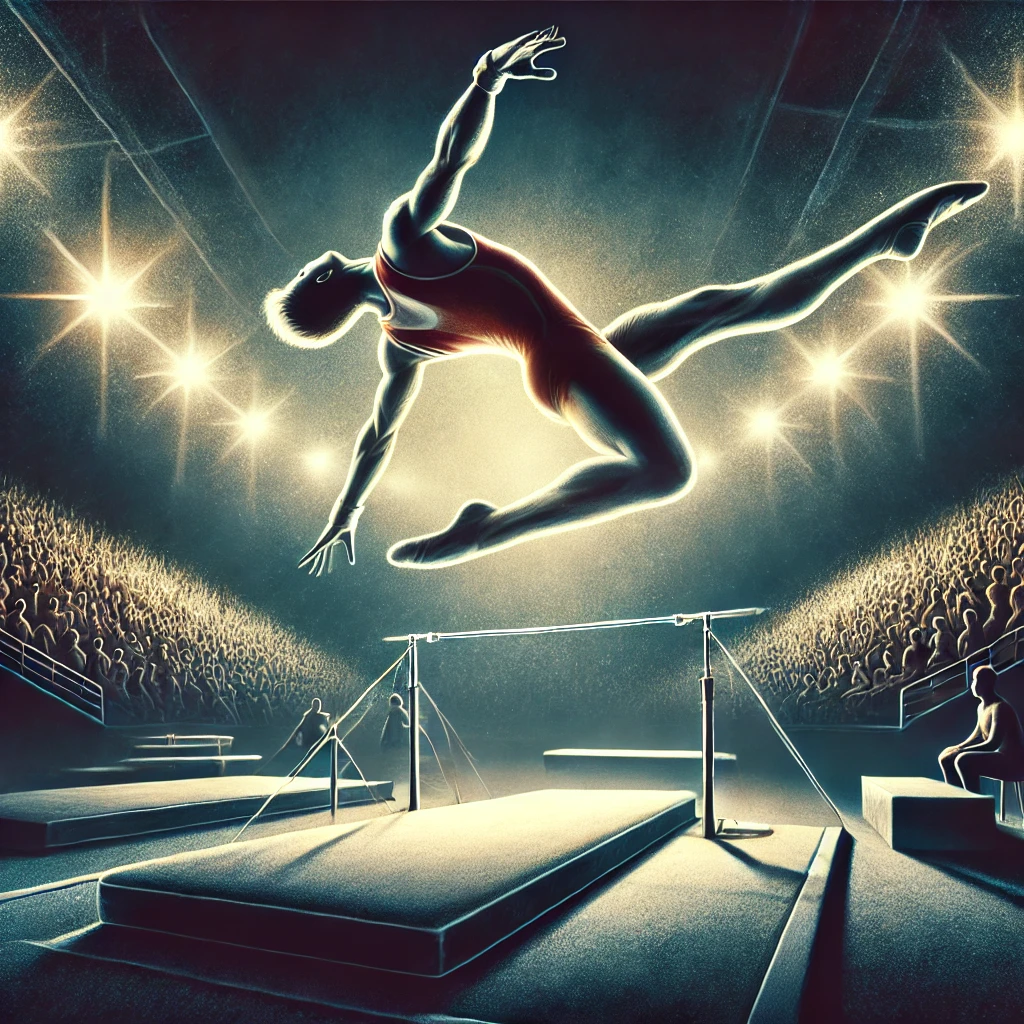 DALL·E 2024 08 17 13.42.48 An image capturing the dynamic scenes of both vaulting horse and floor exercise in gymnastics. For the vaulting horse a gymnast is shown sprinting to