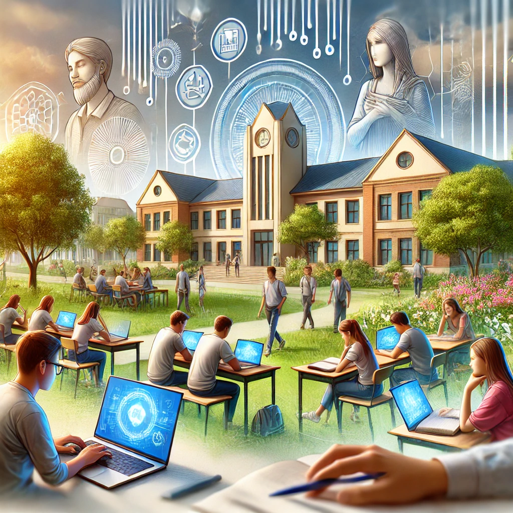 DALL·E 2024 08 17 16.35.49 An image representing the education industry in the Philippines. The background features a modern school or university campus with lush greenery and w