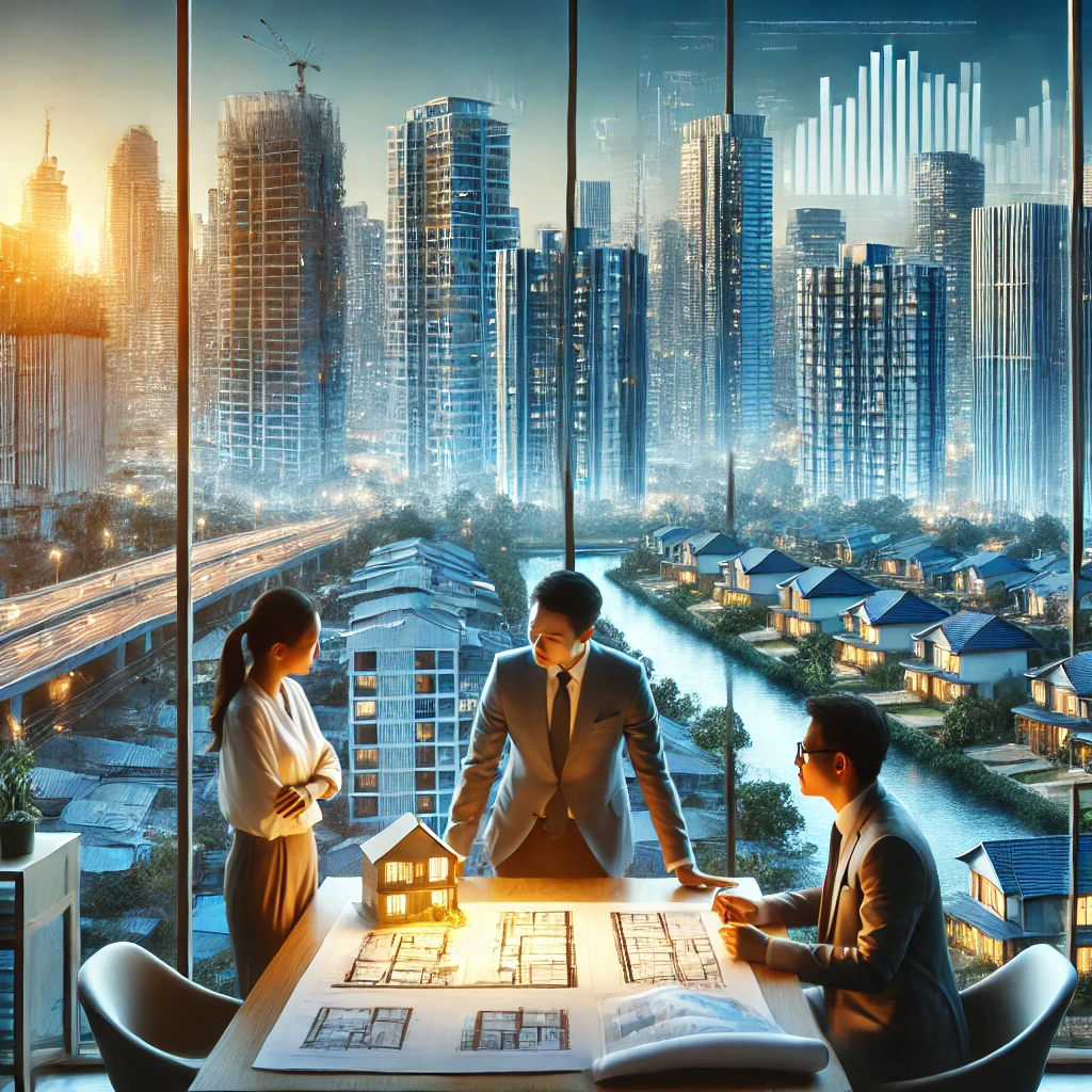 DALL·E 2024 08 17 16.35.52 An image representing the real estate industry in the Philippines. The background features high rise buildings and newly constructed condominiums in u