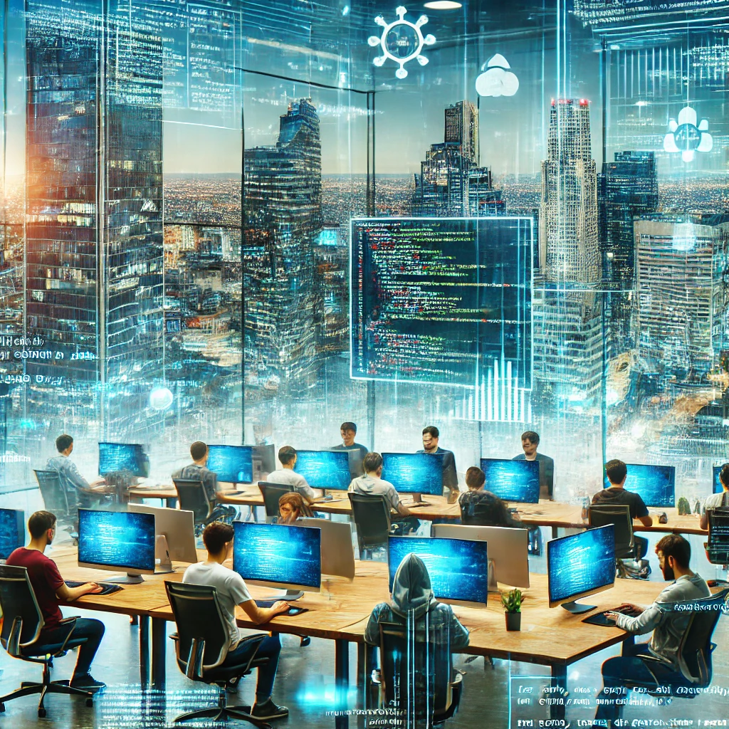 DALL·E 2024 08 17 16.35.55 An image representing the rapidly growing tech industry in the Philippines. The background features modern office buildings in urban areas like Manila