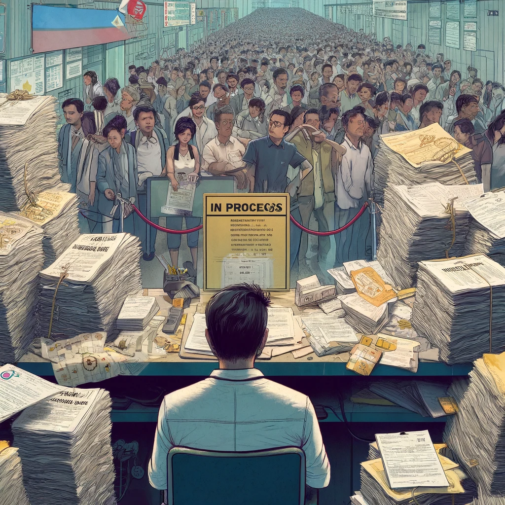 DALL·E 2024 08 17 17.19.20 An image representing the difficulty of obtaining licenses in the Philippines. The background features a cluttered desk with piles of complex paperwor