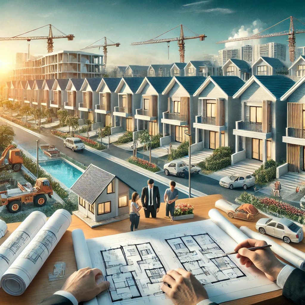 DALL·E 2024 08 17 17.47.23 An image representing residential development in the Philippines. The background features a newly constructed housing area with modern homes and townh