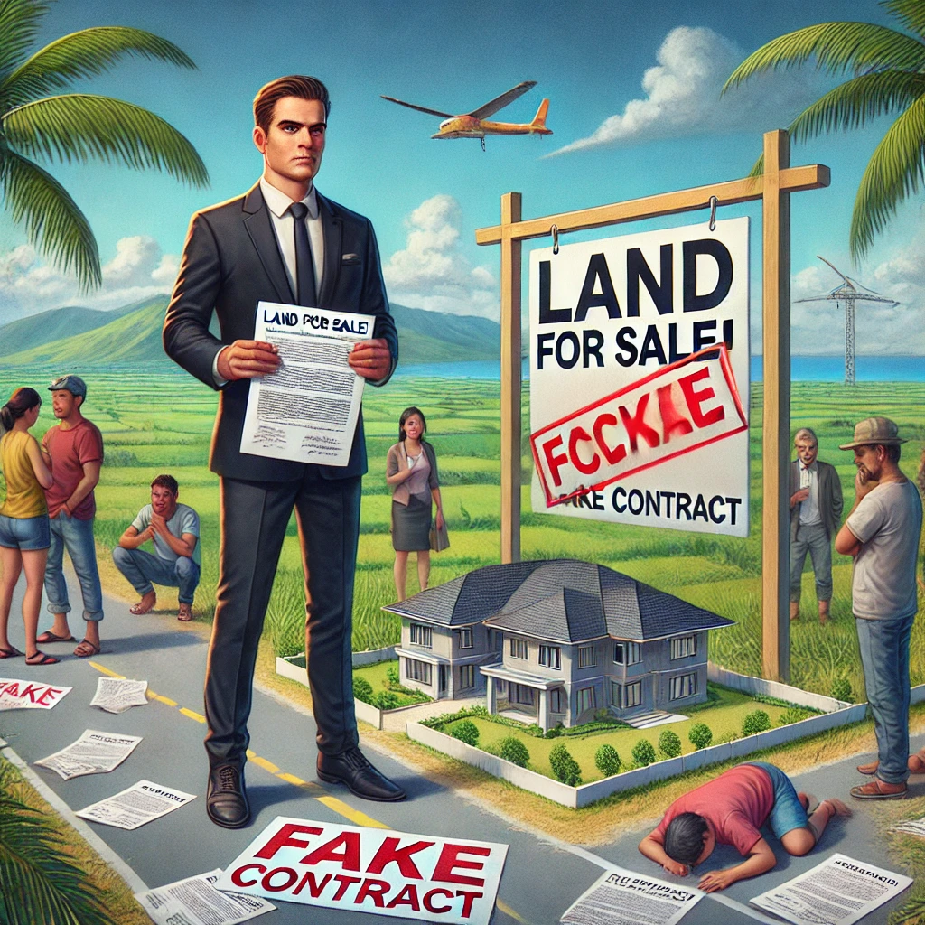 DALL·E 2024 08 17 18.07.21 A realistic scene of a land scam in the Philippines. The background shows a tropical setting with blue skies palm trees and green fields. In the for