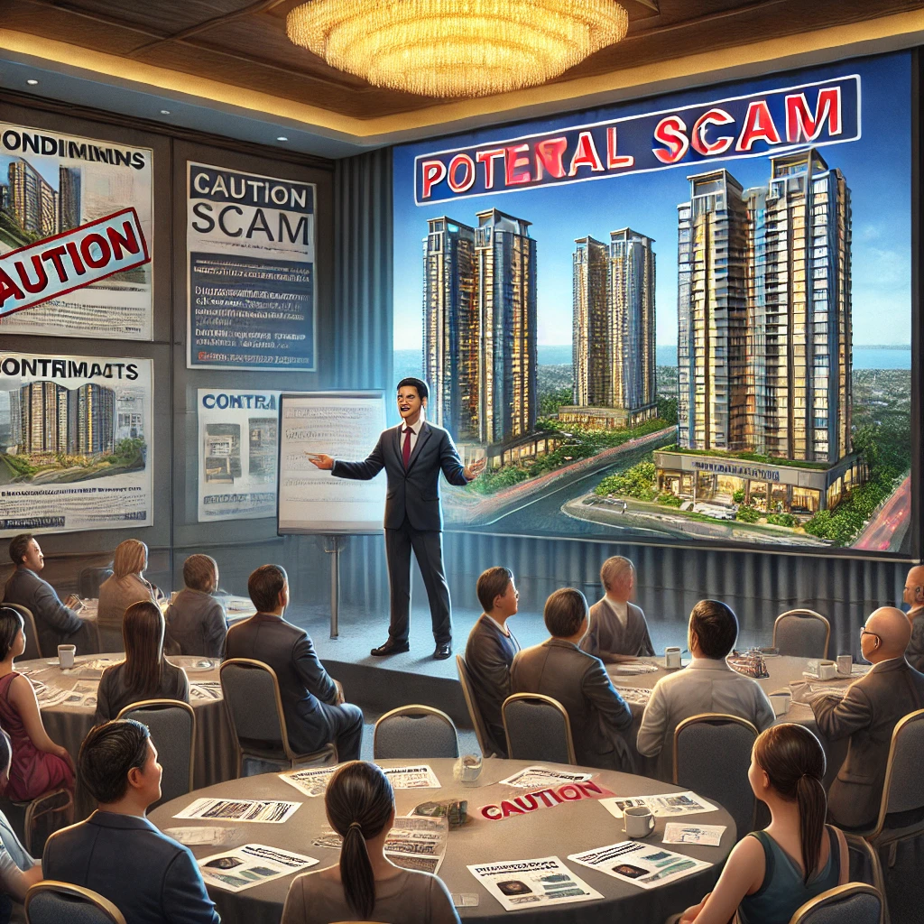 DALL·E 2024 08 17 18.07.24 A realistic image depicting a condominium seminar scam in the Philippines. The background shows a seminar room in a hotel with high rise condominium m