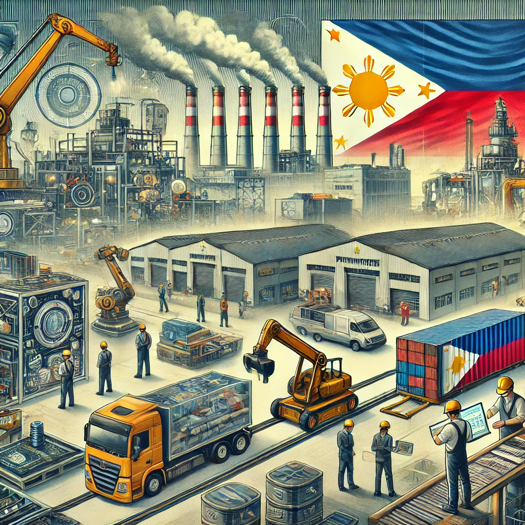 フィリピンの産業構造が丸分かり!今後の伸びしろは… 3 DALL·E 2024 08 17 19.17.12 An image representing the manufacturing industry in the Philippines. The background shows an industrial area with factories and warehouses with smoke