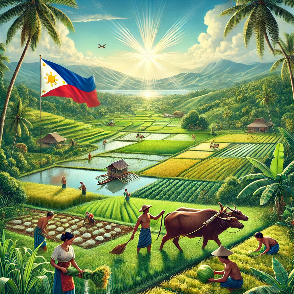 フィリピンの産業構造が丸分かり!今後の伸びしろは… 4 DALL·E 2024 08 17 19.17.15 An image representing the agriculture of the Philippines. The background features a lush rural landscape with expansive green rice fields and coconut