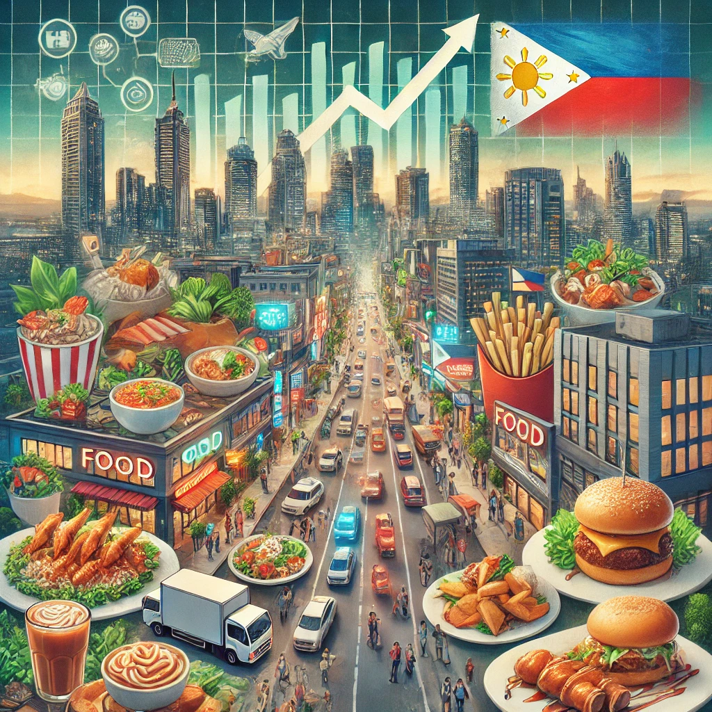 DALL·E 2024 08 19 13.25.49 An image representing the growth of the food and beverage market in the Philippines. The background features the bustling cityscape of Manila or Cebu