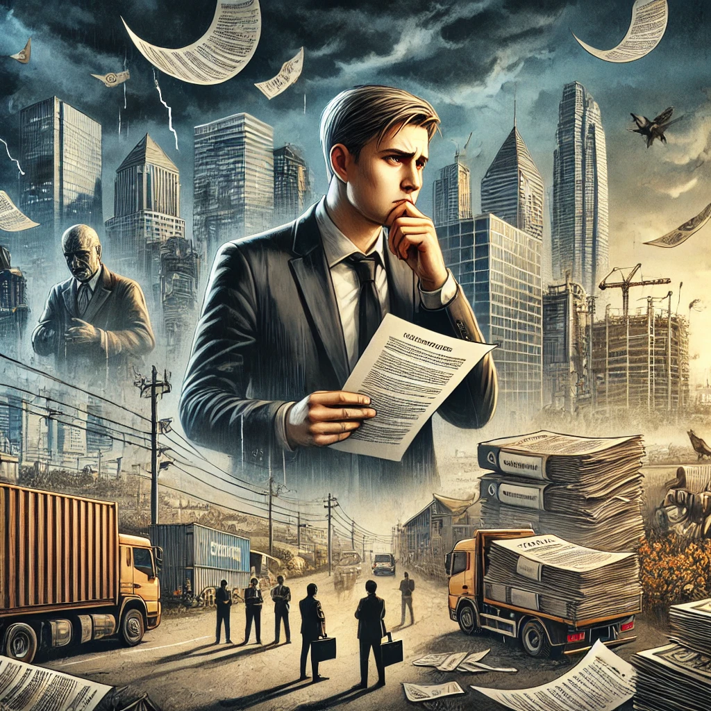 DALL·E 2024 08 19 13.28.14 An image representing the disadvantages and risks of doing business in the Philippines. The background shows a business district in an urban area of t