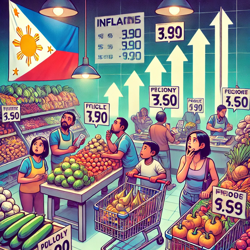 DALL·E 2024 08 19 14.57.38 An image depicting rising prices in the Philippines. The background shows a market or supermarket scene in the Philippines with shelves and stalls di