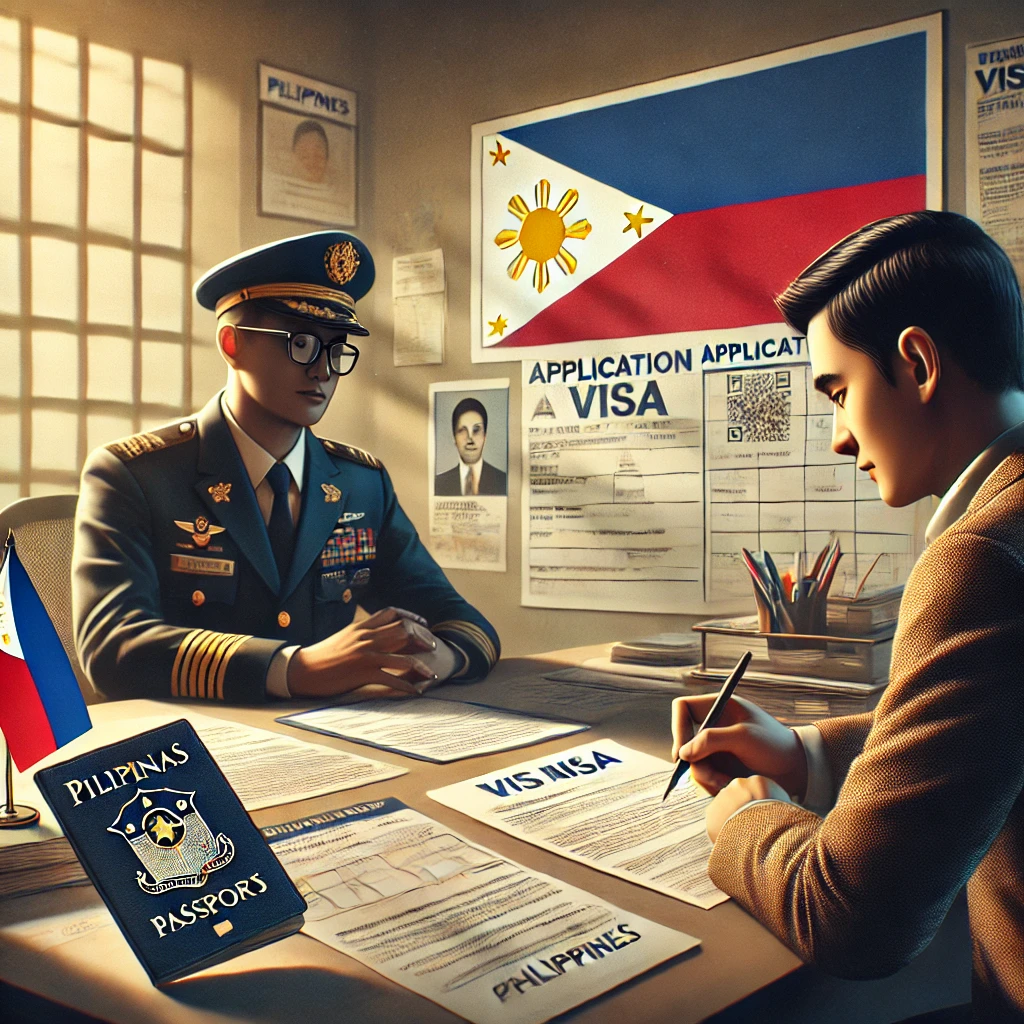 フィリピンのビザ種類と取得方法:日本人が選べる現実的な選択肢 1 DALL·E 2024 08 19 17.37.55 A detailed and professional scene depicting the process of obtaining a visa for the Philippines. The image shows an applicant sitting at a desk with a