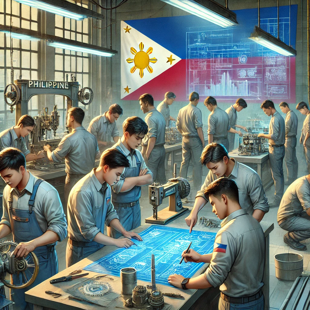 DALL·E 2024 08 19 18.19.27 A scene depicting Filipino technical interns 技能実習生 engaged in hands on training in a modern workshop or industrial setting. The image shows a group