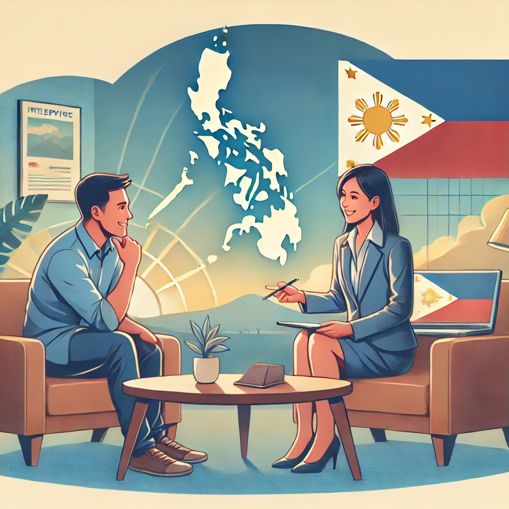 DALL·E 2024 08 19 19.37.31 An image depicting a friendly and professional interview about relocating to the Philippines. The scene shows two people one acting as an interviewer
