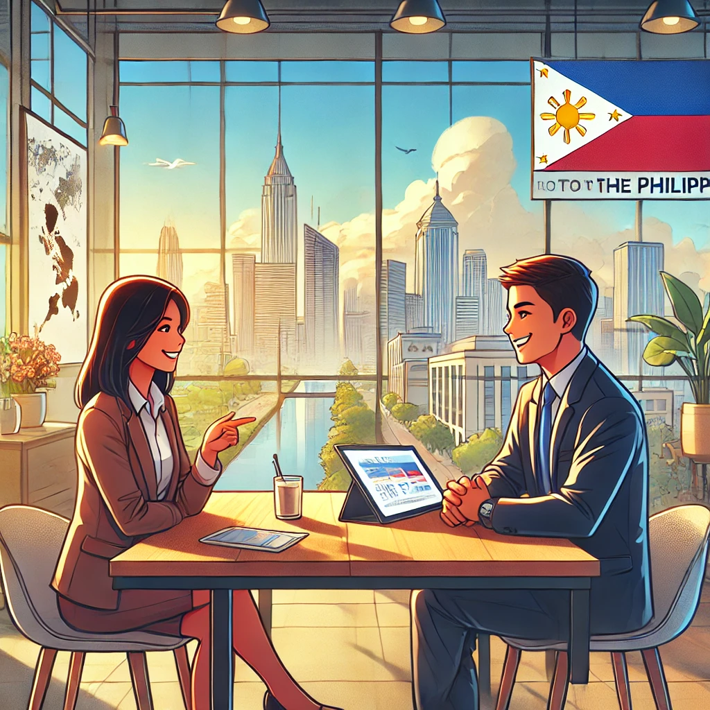 DALL·E 2024 08 19 19.38.00 An image depicting a friendly and professional interview about relocating to the Philippines with slight modifications. The scene still shows two peo