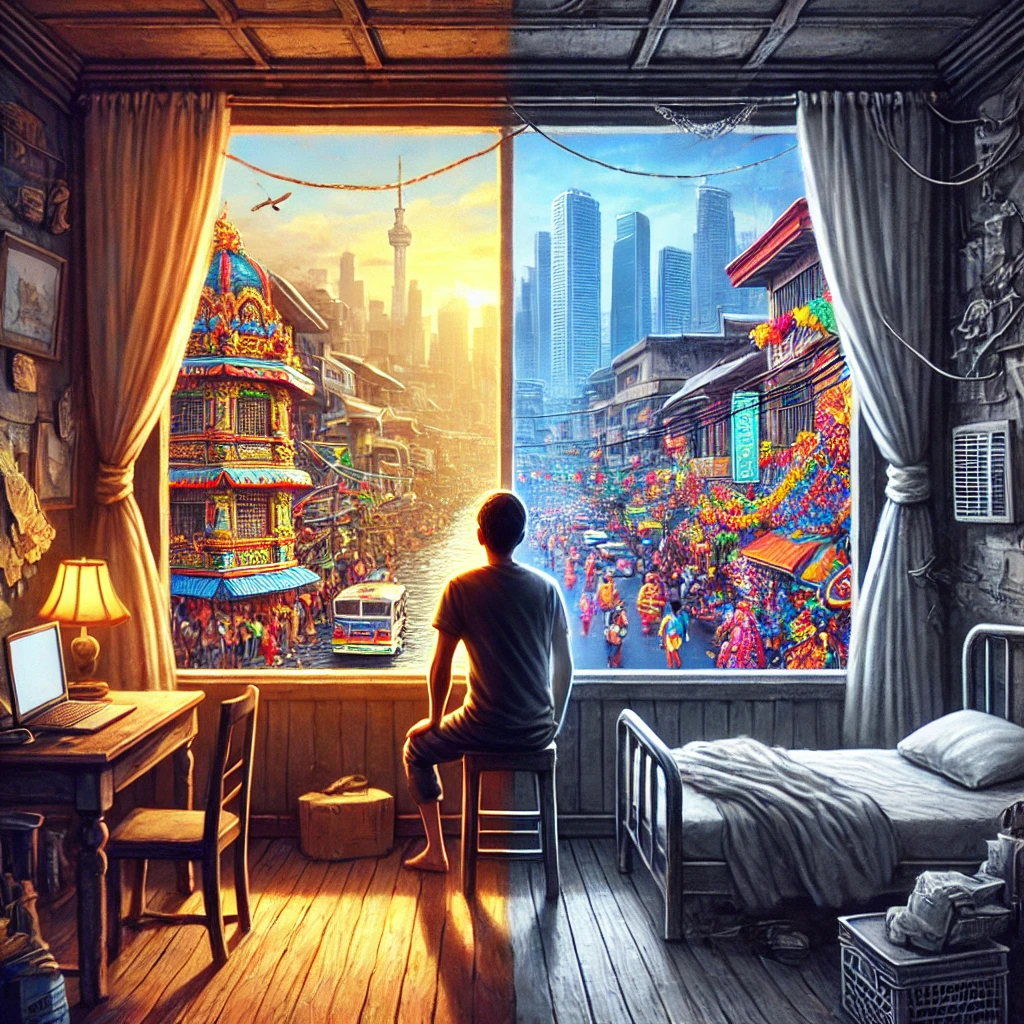 DALL·E 2024 08 19 19.39.06 An image representing the reality of relocating to the Philippines. The scene shows a person reflecting on their move standing by a window with a vie
