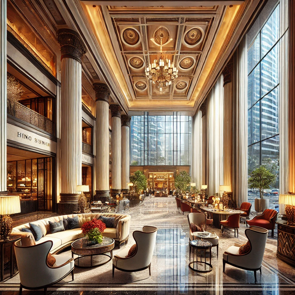 DALL·E 2024 08 20 13.59.24 An image depicting a luxurious hotel in Makati Manila. The scene shows the grand lobby of a high end hotel featuring elegant design elements such as