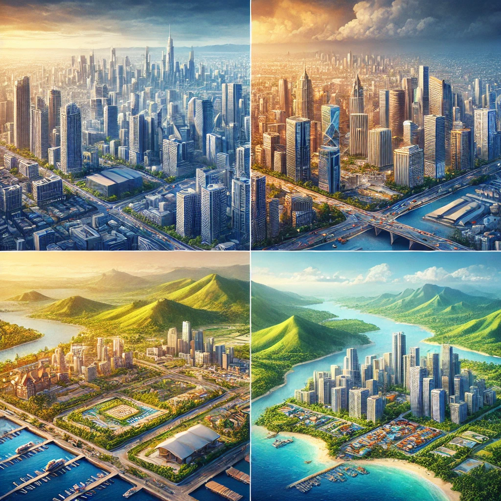 DALL·E 2024 08 20 16.44.07 An image depicting four locations in the Philippines where land prices have risen significantly. The scene is divided into four quadrants each repres