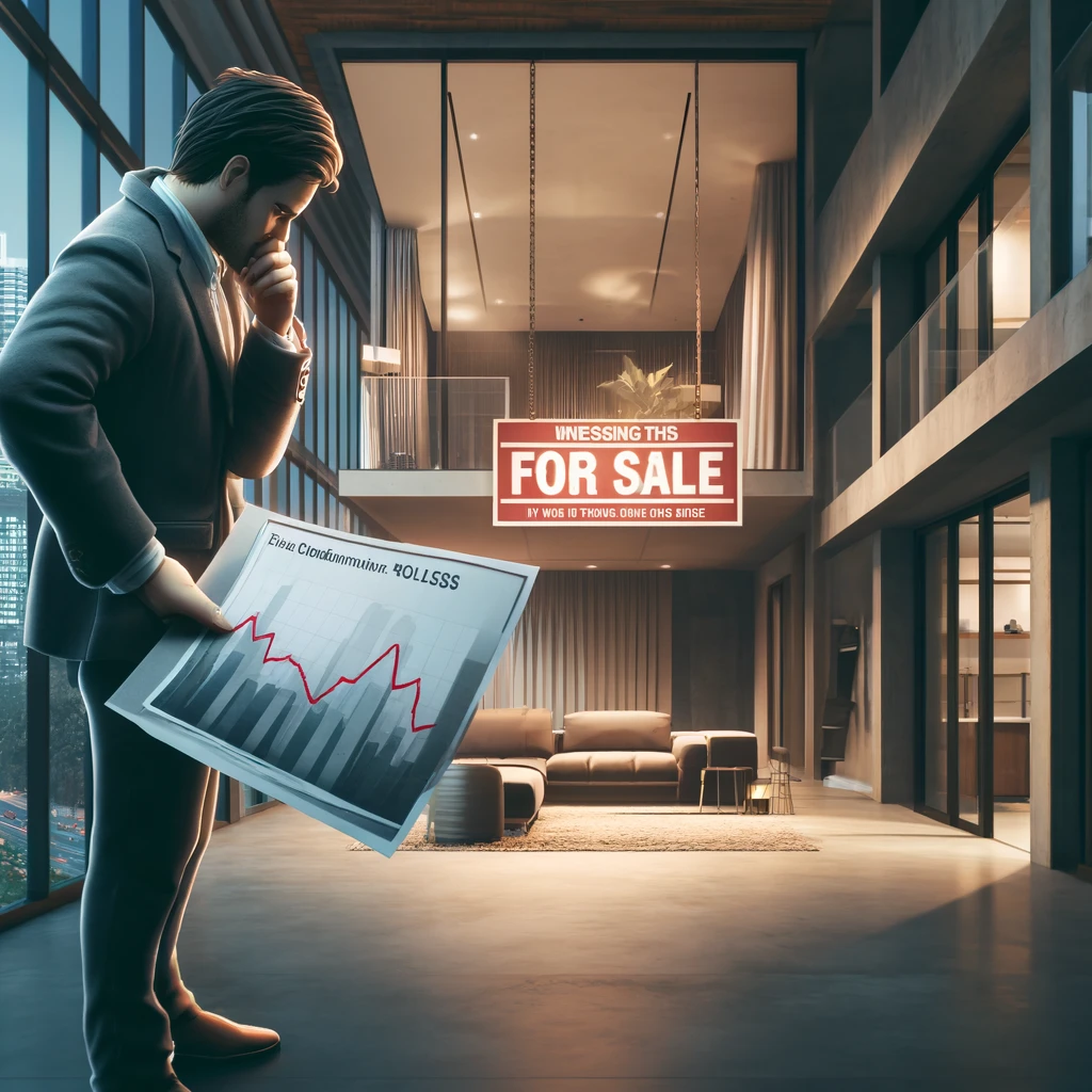 DALL·E 2024 08 20 17.04.45 An image illustrating the financial loss associated with buying a condominium in the Philippines. The scene shows a frustrated property owner looking