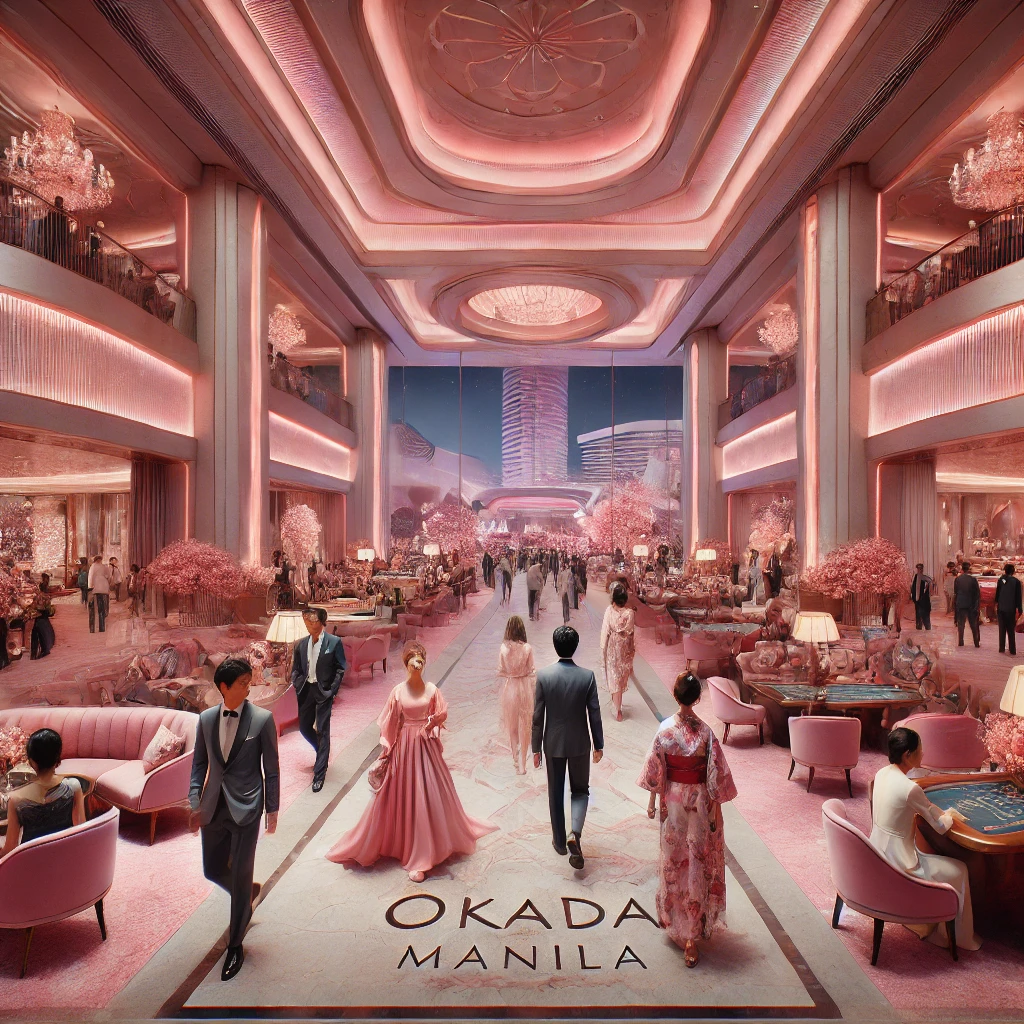 DALL·E 2024 08 21 11.11.05 An image showcasing the luxurious and opulent atmosphere of Okada Manila with a focus on its signature pink theme. The scene features the grand entra