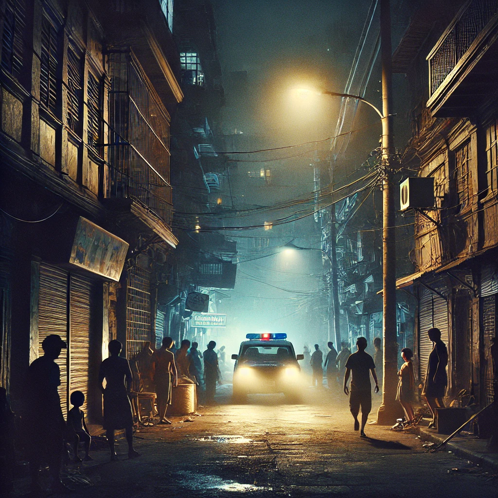 【2025年最新版】マニラの治安と入国から帰国までで気をつけること 1 DALL·E 2024 08 21 11.36.15 An image that captures the sense of danger in Manila. The scene shows a dimly lit street at night with a tense atmosphere. Shadows are cast by flicker