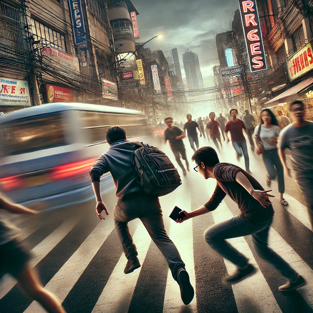 【2025年最新版】マニラの治安と入国から帰国までで気をつけること 2 DALL·E 2024 08 21 11.36.32 An image depicting a more intense and dynamic pickpocketing scene in Manila conveying a strong sense of danger. The scene shows a busy street filled