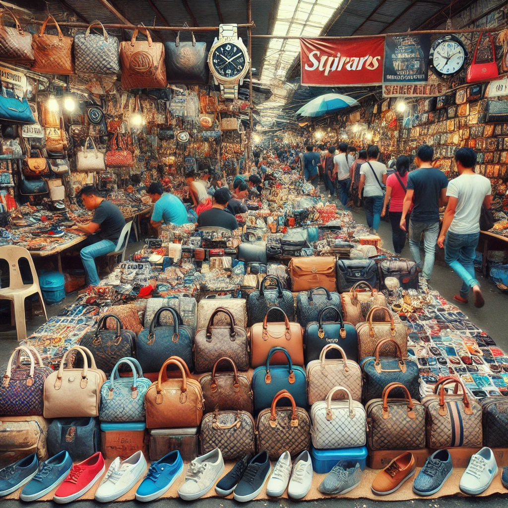 DALL·E 2024 08 21 15.46.23 An image depicting a bustling counterfeit market in the Philippines. The scene shows a crowded market stall filled with various fake designer goods su