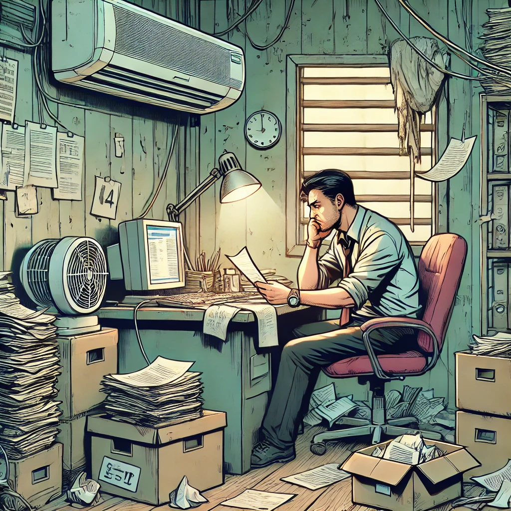 DALL·E 2024 08 22 13.56.15 An image depicting the challenges of an expat assignment in the Philippines. The scene shows a tired and stressed professional sitting at a desk in a