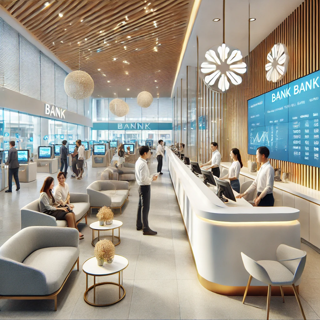 DALL·E 2024 08 22 16.10.58 An image depicting the interior of a modern bank in the Philippines. The scene shows a clean and professional banking environment with tellers assisti