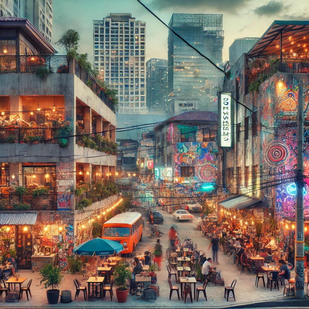 マニラで住むならココ!住みやすいエリアTOP3 3 DALL·E 2024 08 23 12.19.10 An image capturing the vibrant and eclectic atmosphere of the Poblacion area in Manila. The scene showcases a mix of modern high rise buildings and ol