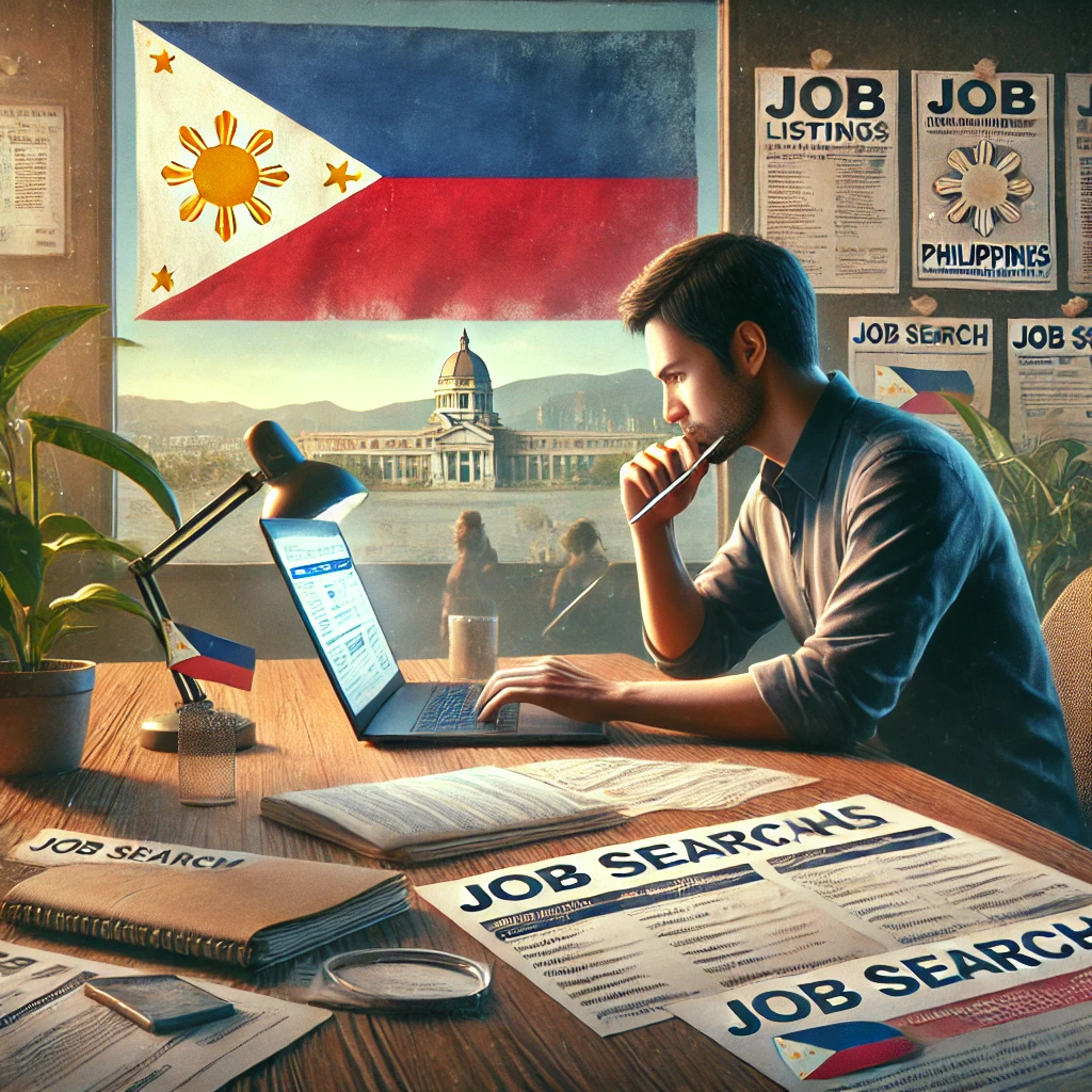 DALL·E 2024 08 23 13.33.15 A realistic image depicting someone searching for a job in the Philippines. The scene shows a person sitting at a desk with a laptop open to a job sea