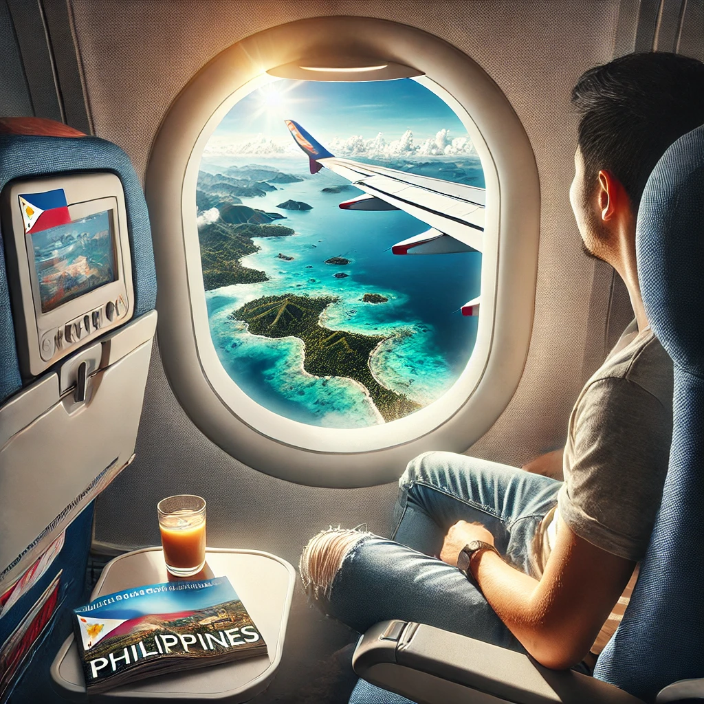 DALL·E 2024 08 23 13.34.11 A realistic image depicting the experience of taking a flight from the Philippines. The scene shows a person looking out of the airplane window with