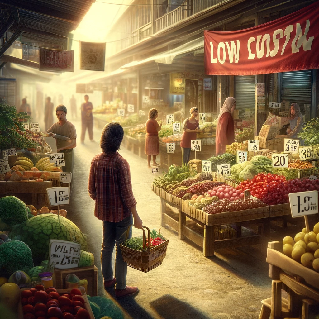 DALL·E 2024 08 23 13.34.13 A realistic image representing the low cost of living in the Philippines. The scene shows a person shopping in a local market holding a basket filled