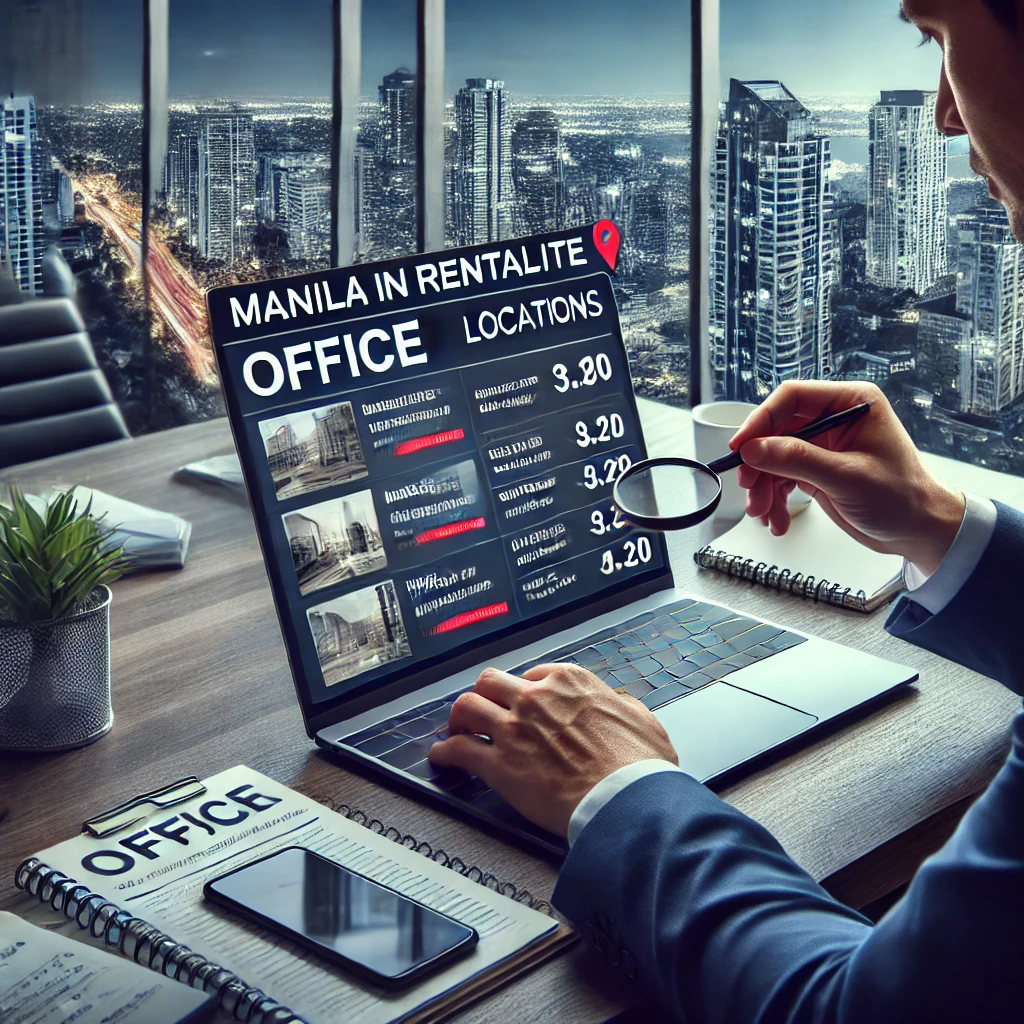 DALL·E 2024 08 24 17.29.48 A realistic image depicting someone searching for an office in Manila through rental websites. The scene shows a person sitting at a desk with a lapto