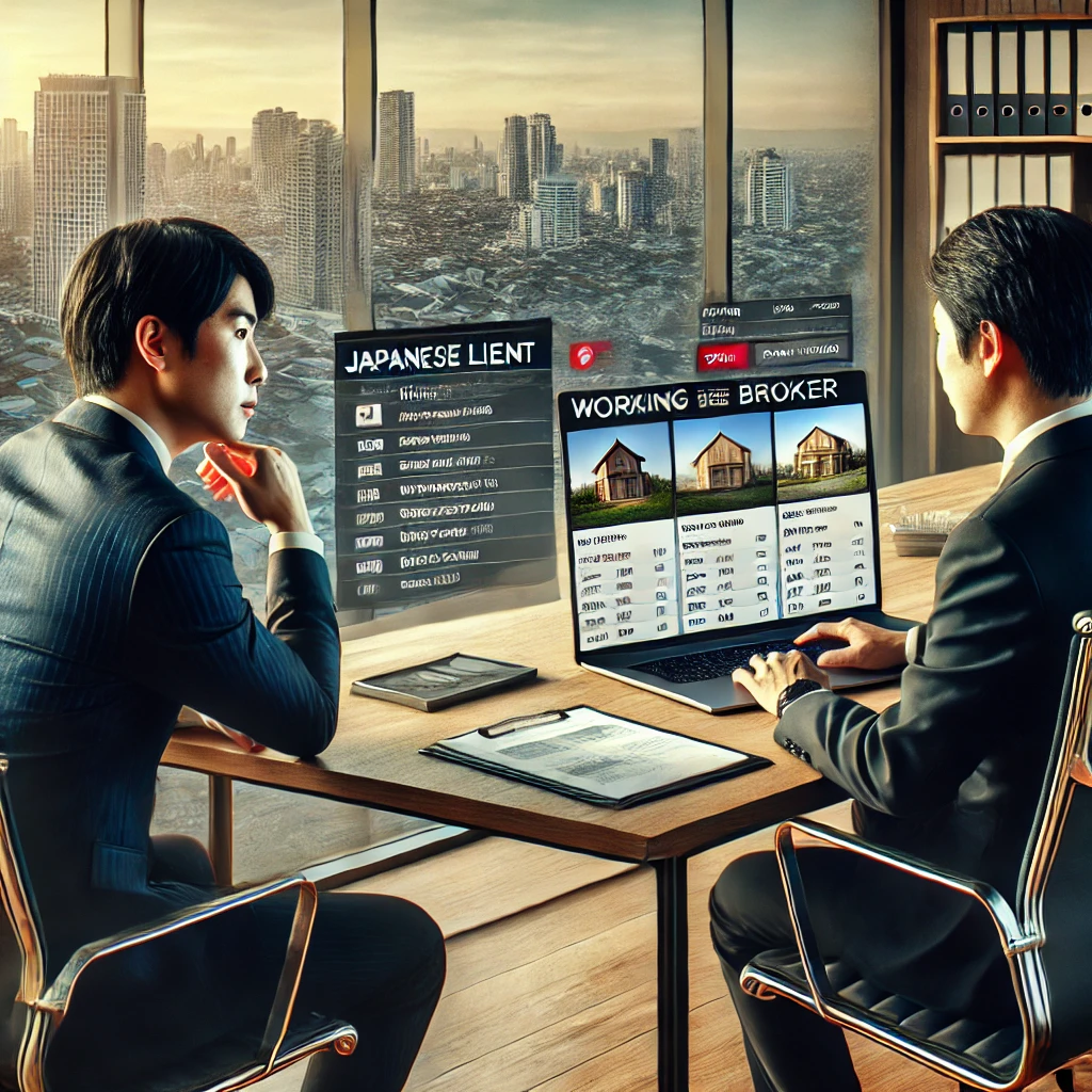 DALL·E 2024 08 24 17.29.55 A realistic image depicting a Japanese client working with a Japanese broker in Manila to find an office space. The scene shows a professional meeting